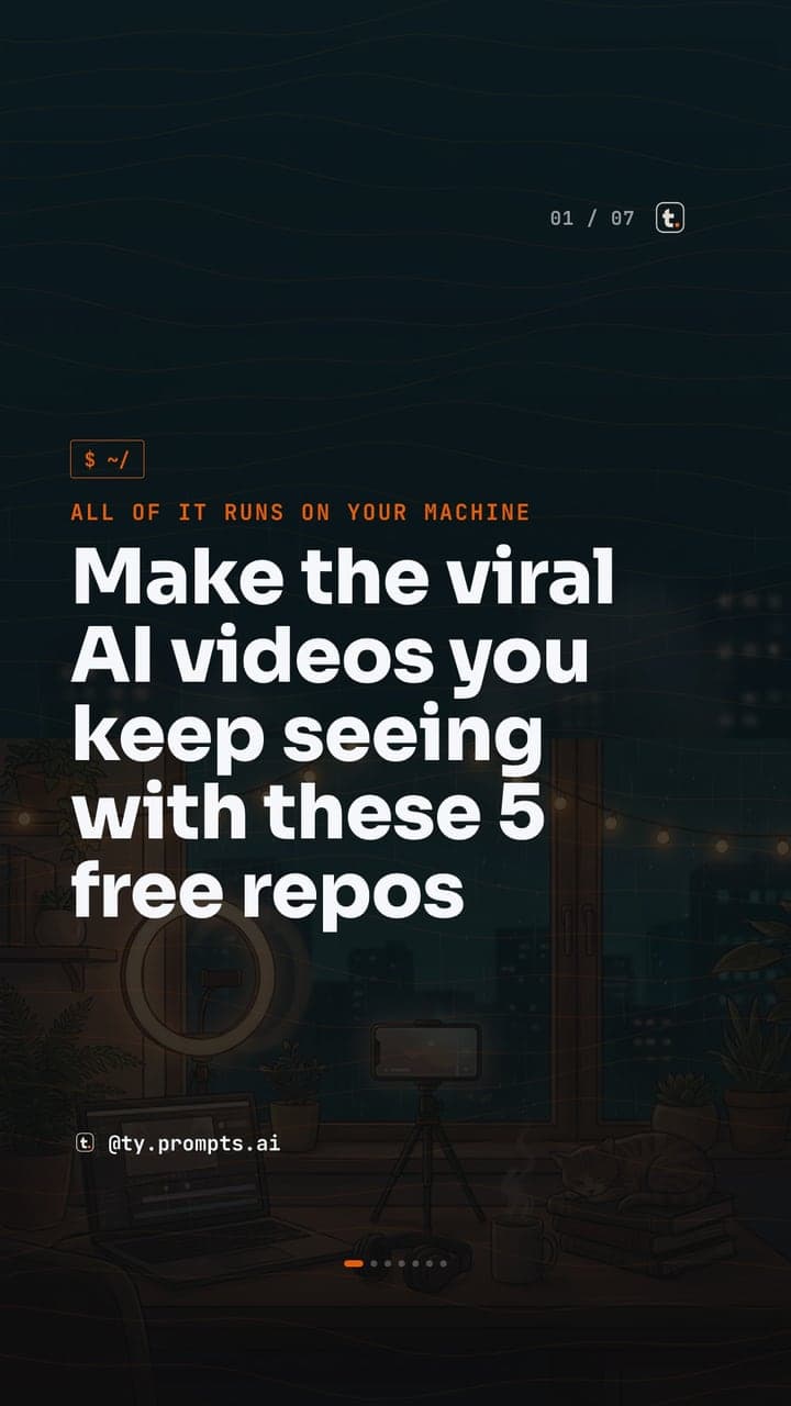 A @ty.prompts.ai carousel cover slide: Make the viral AI videos you keep seeing with these 5 free repos